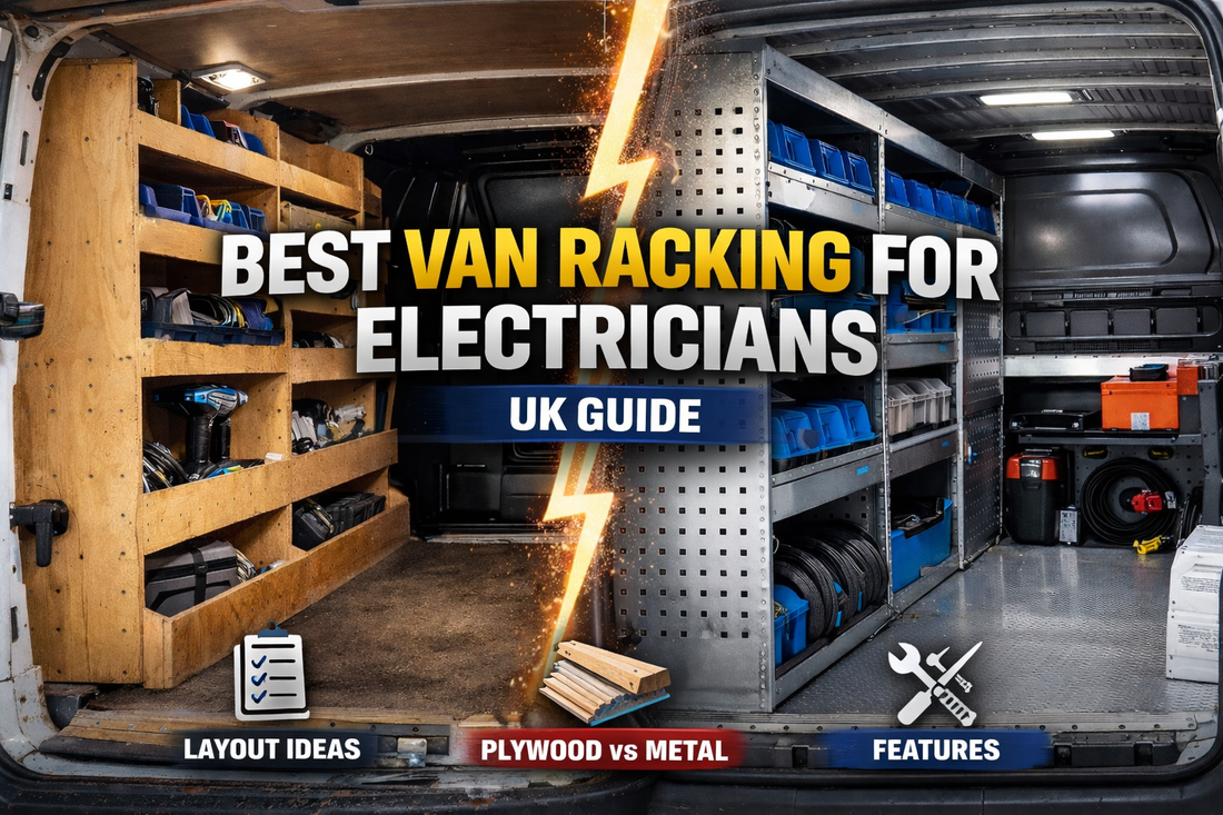 Electrician’s van fitted with plywood and metal racking systems, showing organised tool storage and layout ideas.