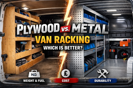 Plywood and metal van racking systems inside a trades van, comparing storage layout, weight and durability.