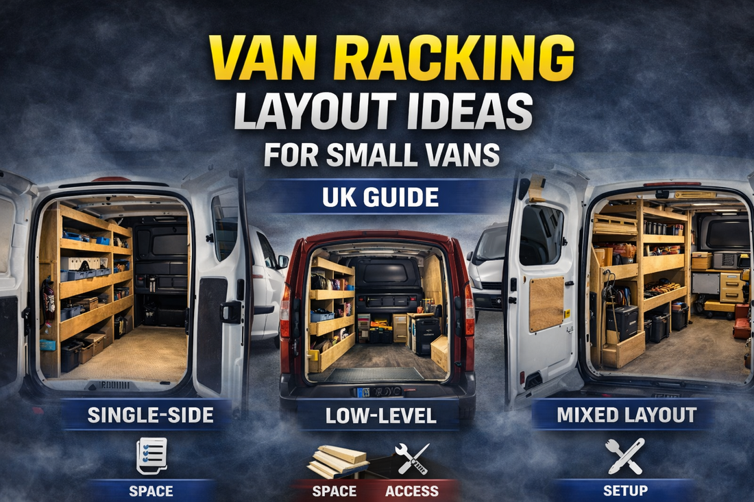 Small van interior showing plywood van racking layout ideas for compact vans, maximising storage space and tool access.