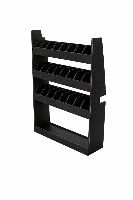 Black bookshelf with multiple shelves on a white background