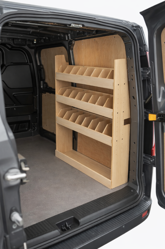 van racking inside an open ford transit custom